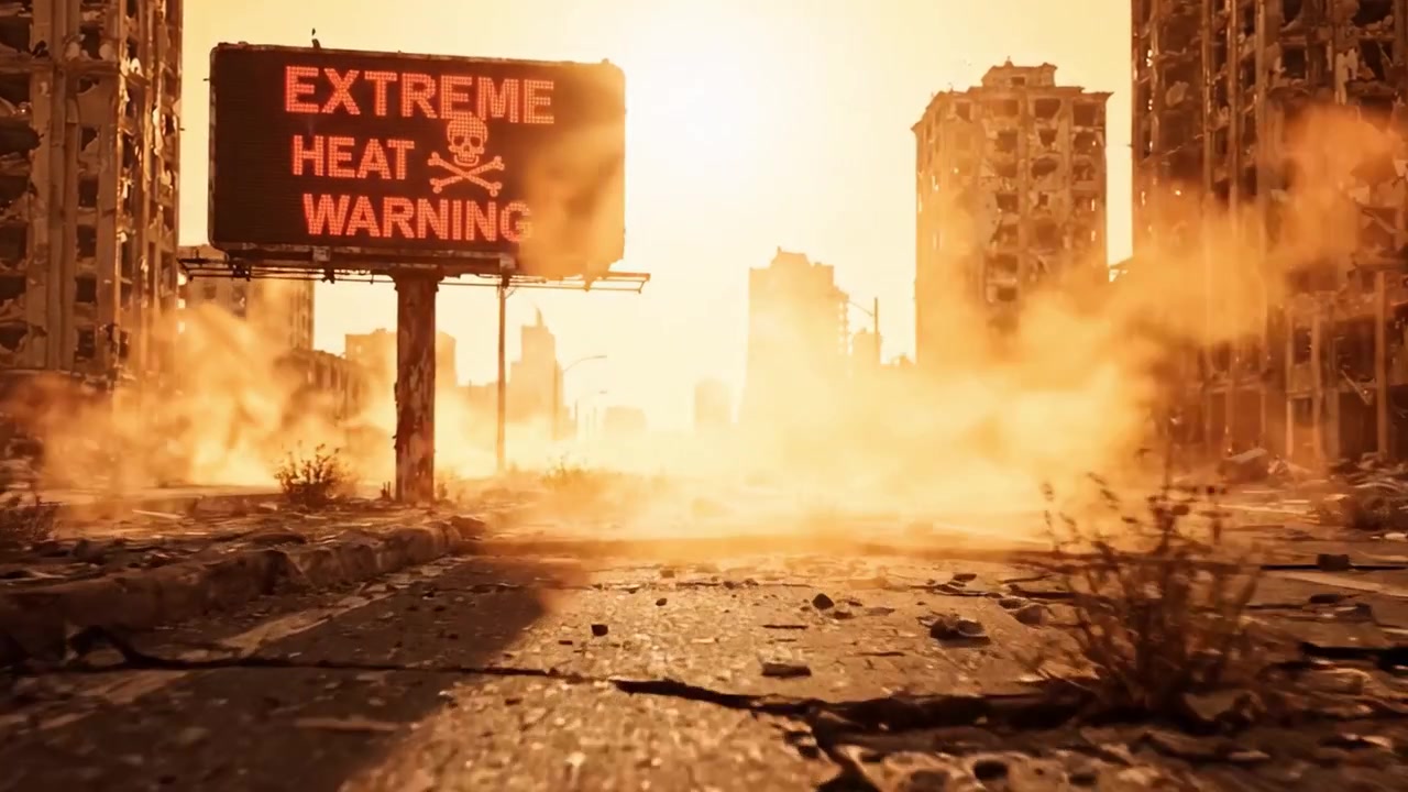 Desolate Urban Landscape Highlighted by a Grim Billboard Warning of Extreme Heat, Capturing a Scene of Environmental Catastrophe and Urban Decay