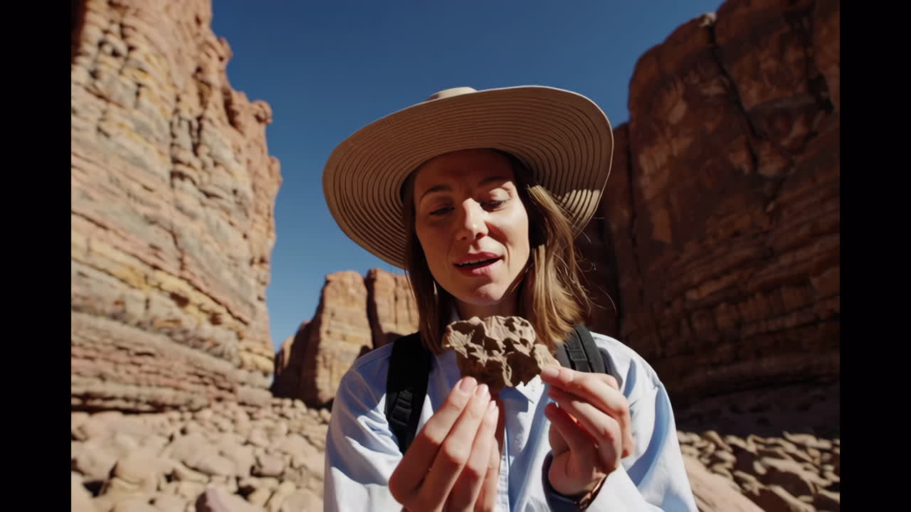 Woman Examining Rock Sample in Canyon