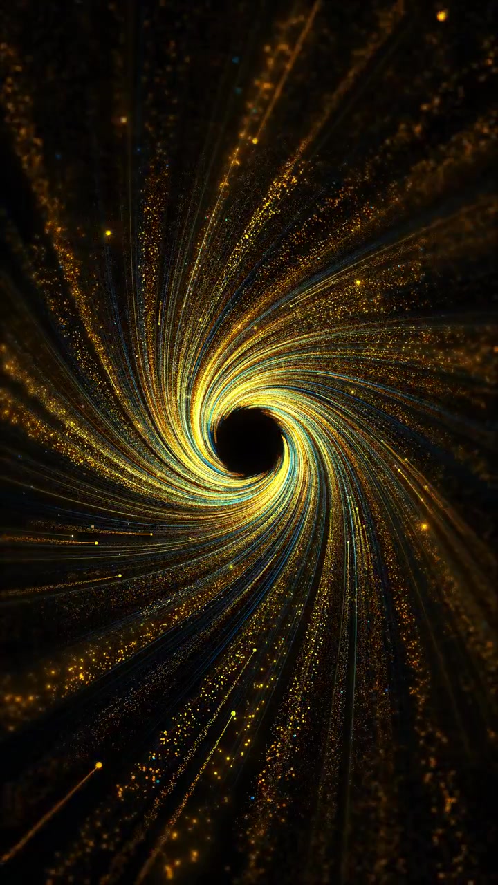 Swirling gold cyan energy tunnel curved particle streams black center hole cinematic depth space