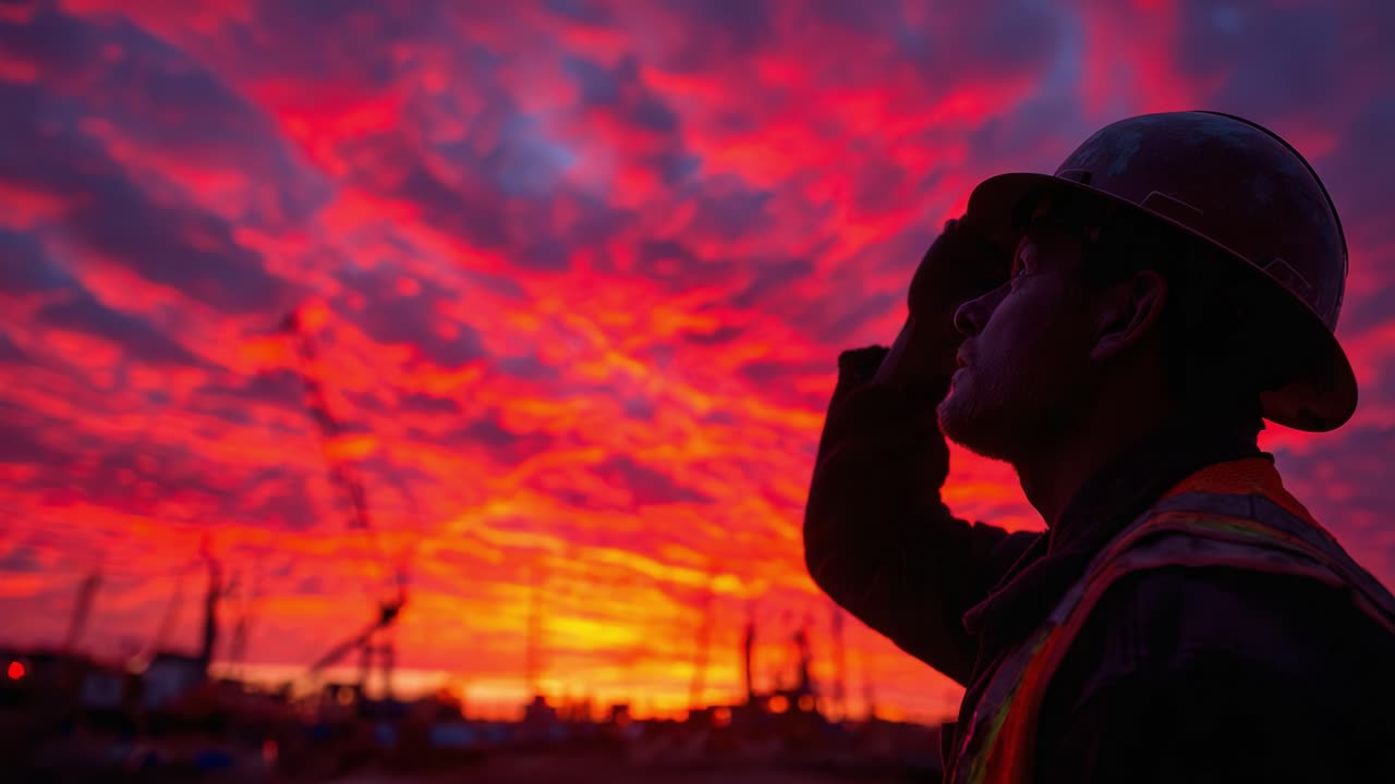 A contemplative construction worker admires the breathtaking sunset while silhouetted against a vibrant sky filled with colorful clouds and industrial cranes in the background