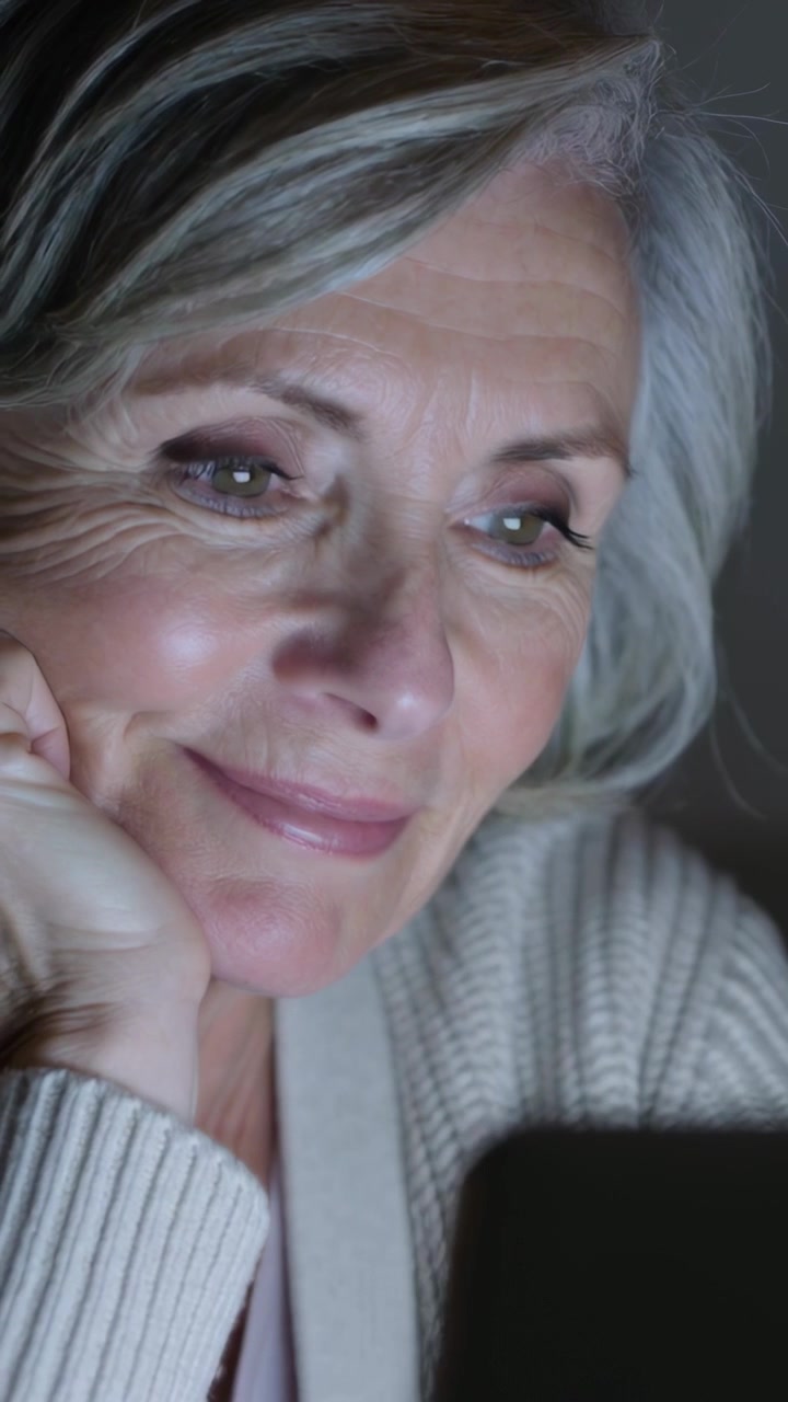 Vertical video: Gazing senior woman, chin on hand, watching screen glow at home in ribbed sweater