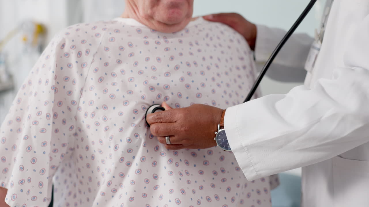 Senior man, doctor and hands listening to heart