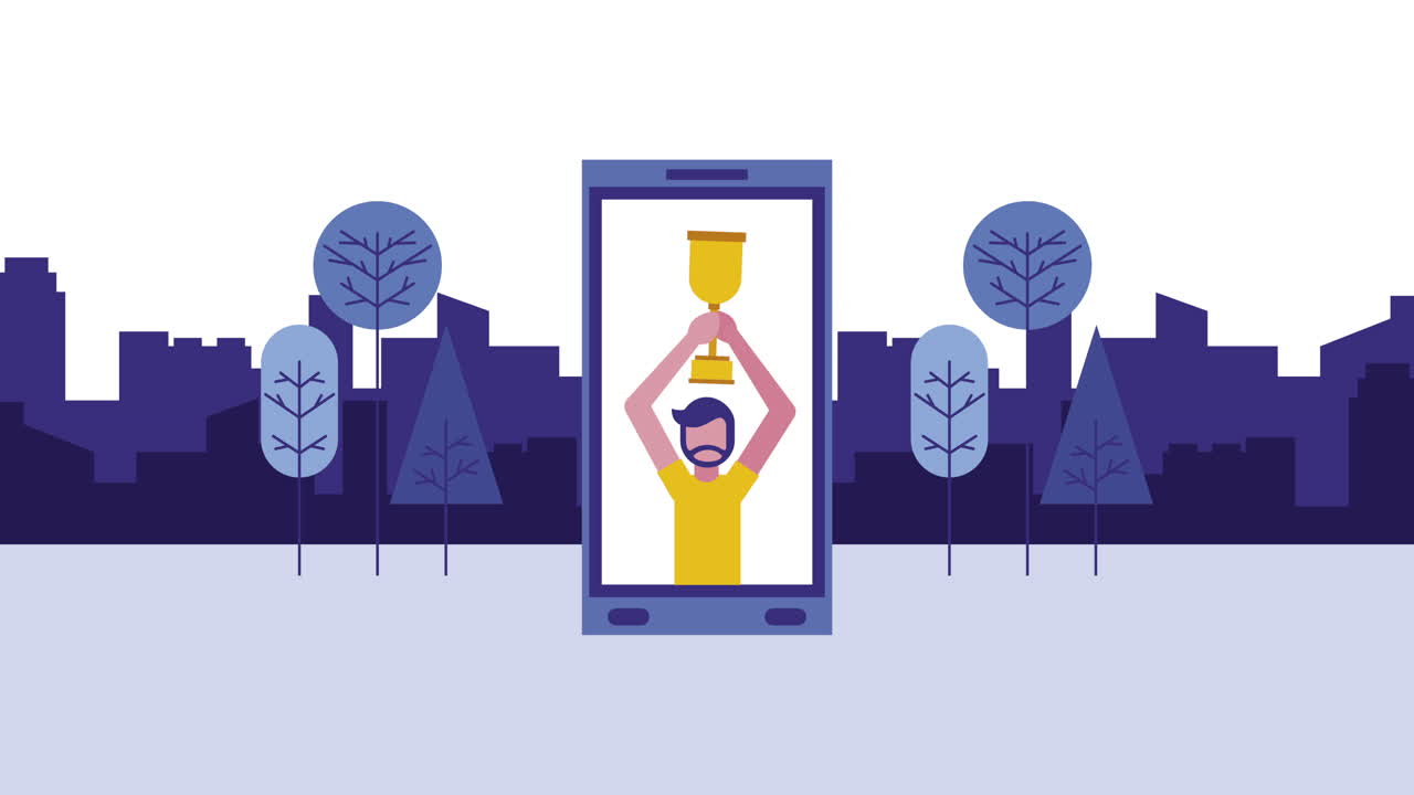 스마트폰 캐릭터 애니메이션에서 트로피를 가진 젊은 사업가