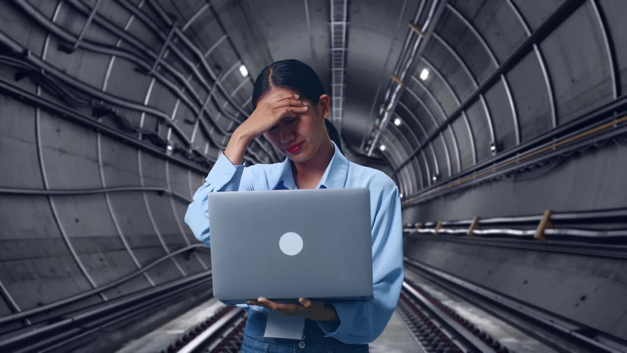 Asian Female With Her Laptop In Underground Subway Tunnel, She Is Nodding Her Shead With Dissapionted