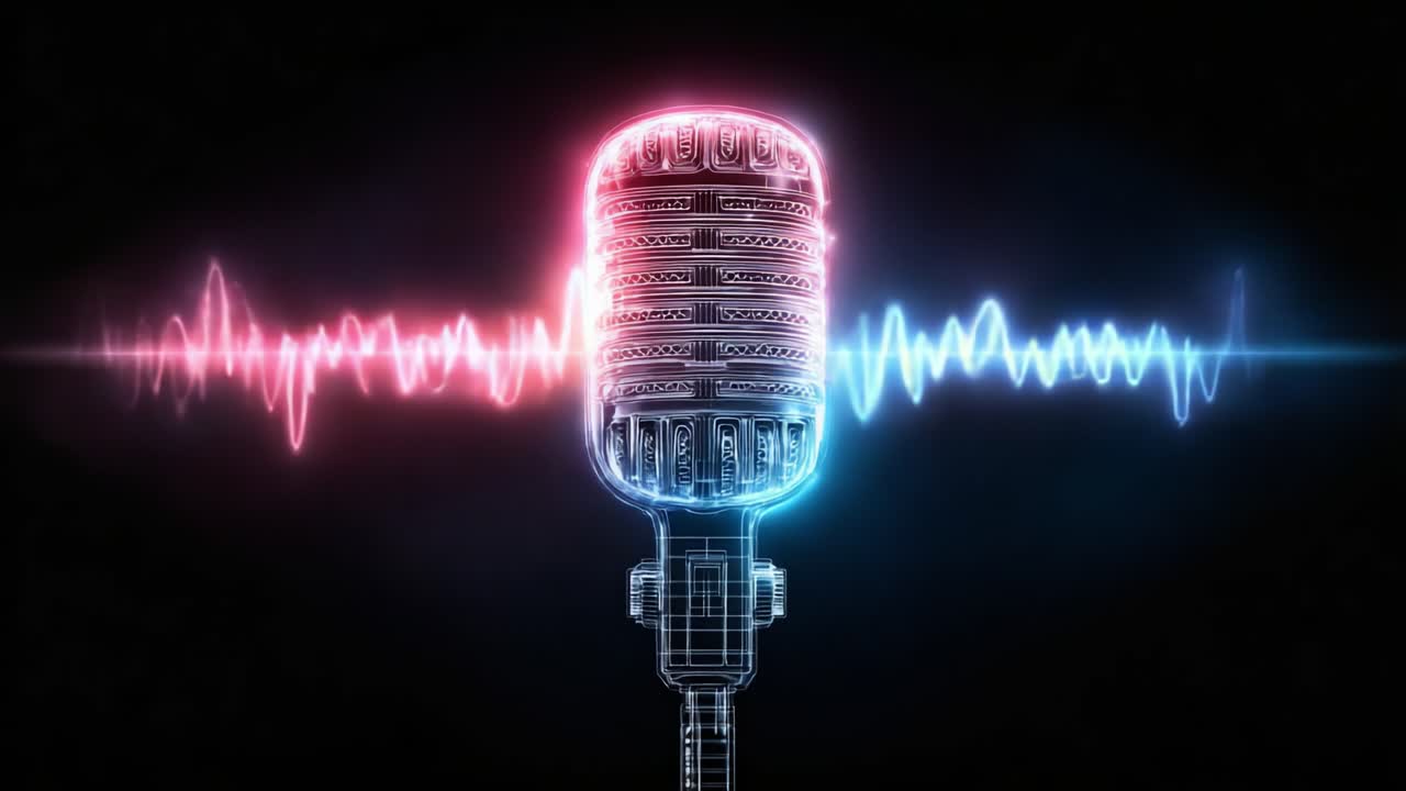 Levende neonmikrofon med lydbølger: En fantastisk visualisering, der repræsenterer musik- og lydteknologi i et dynamisk digitalt kunstværk.