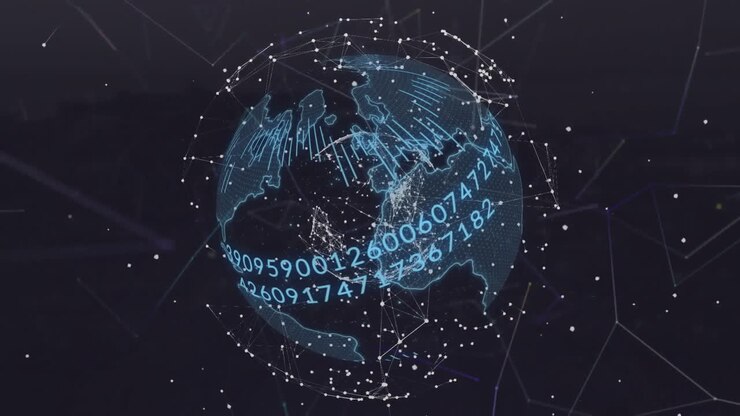 Animation of dots around changing numbers on rotating globe and connected dots over black background