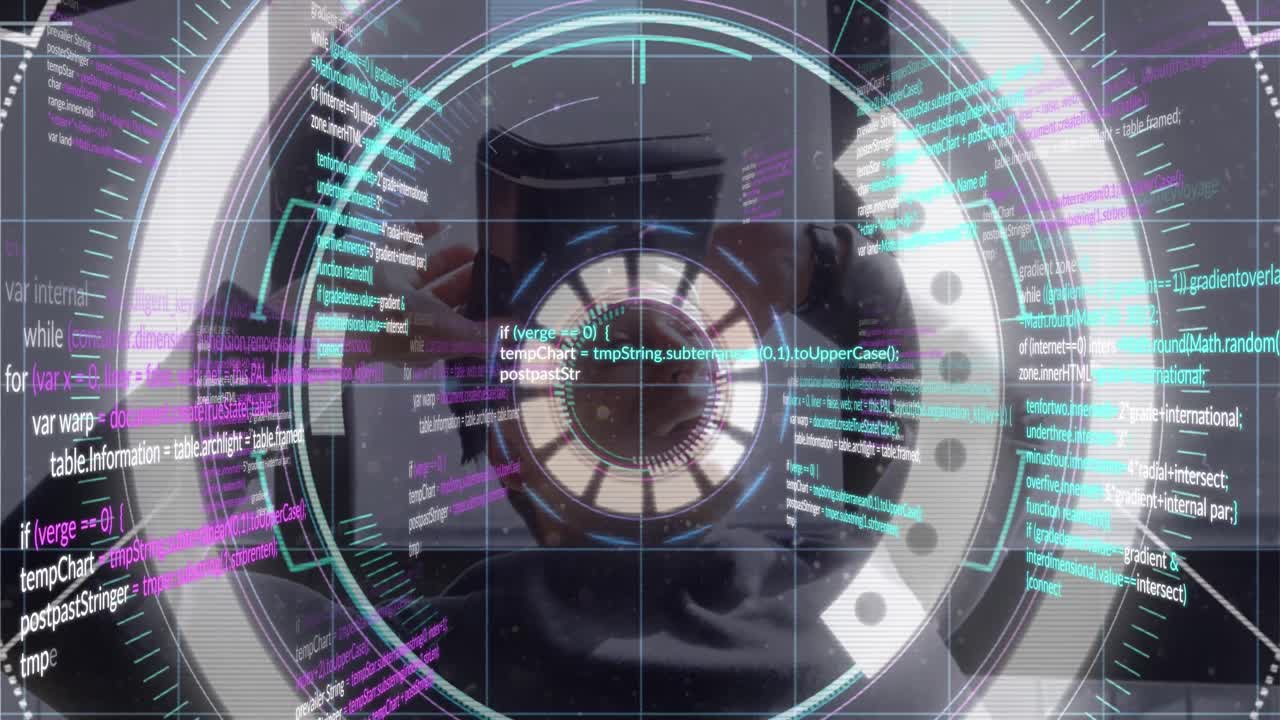 Animation of data processing and scope scanning over caucasian man with vr headset