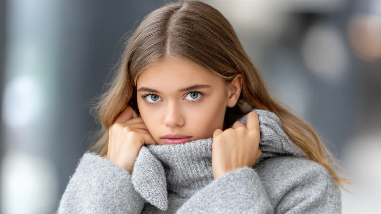 An Intimate Portrait of a Young Woman in a Cozy Sweater, Capturing Her Deep Blue Eyes and Serene Expression Against a Soft, Blurred Background