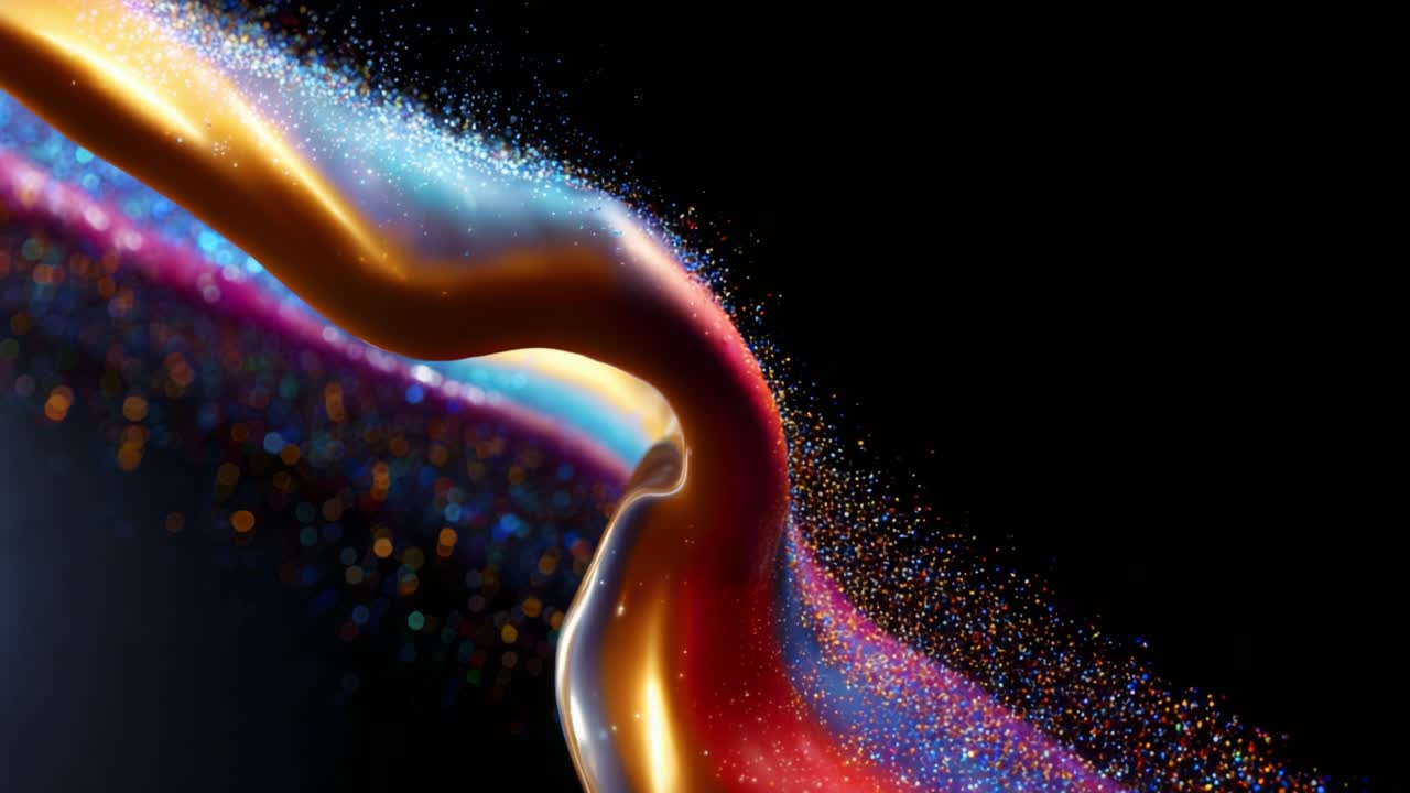 An Enchanting Flow of Colorful Light and Sparkles: A Hypnotic Visual Journey Through a Dynamic Stream of Glittering Particles on a Deep Black Background