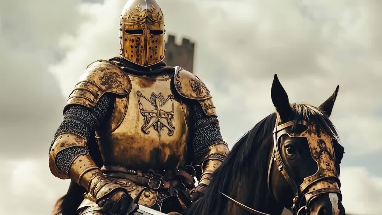 A man in armor riding on the back of a horse