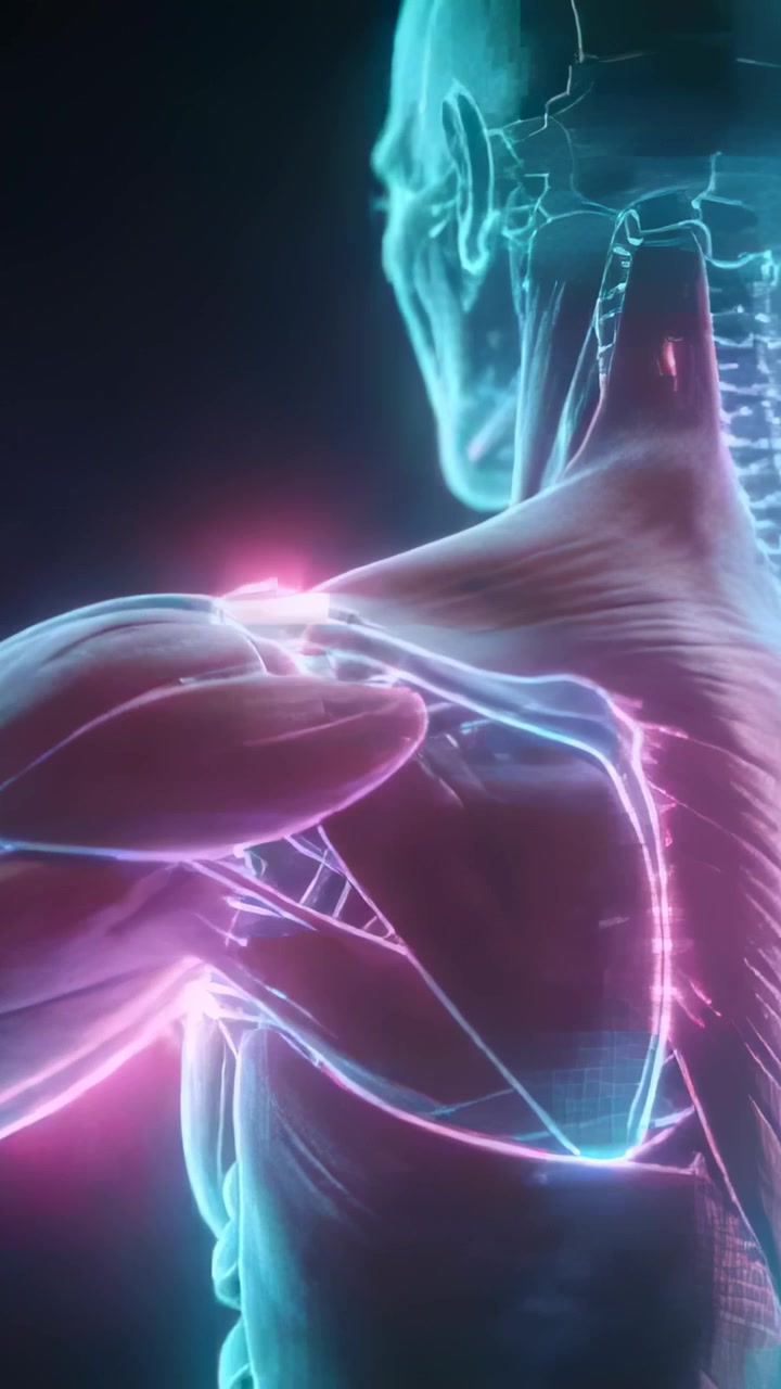 Vertical video: Playing animation rotating anatomy to posterior, showing deltoid and spine nerves