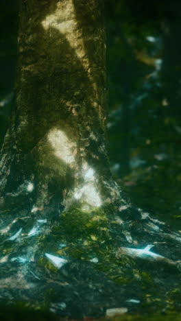 mysterious forest tree base with sunlight