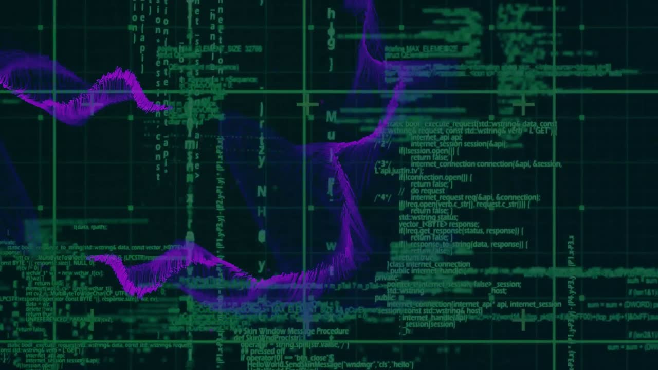 Animation of waves over data processing on black background