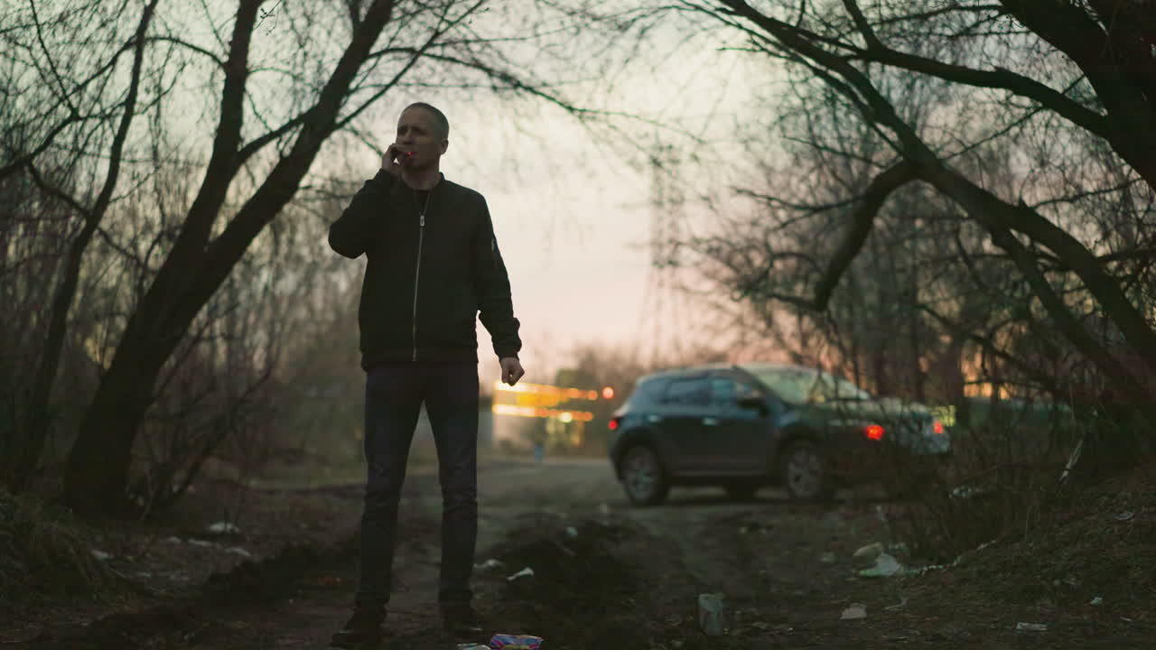 초록색 재을 입은 남자가 어두워지면서 밖에서 서서 담배를 피우고 코와 입 주위에서 눈에 띄는 연기를 피우고 있으며, 그 장면은 뒷면에 자동차가 있는 숲 속에 설정되어 있습니다.