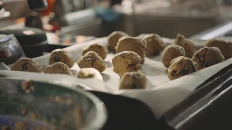 Rolled-Cookie-Dough-In-A-Tray-With-Wax-Paper-Ready-For-Baking---selective-focus,-slider-right