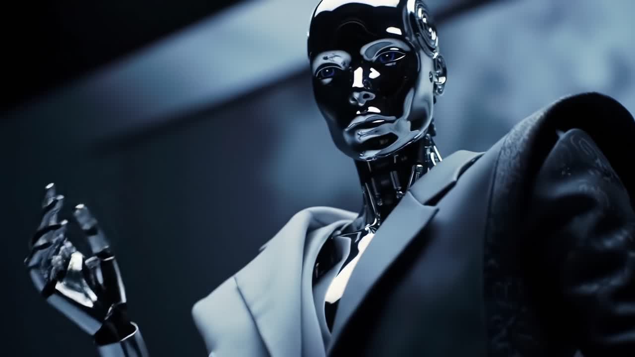 A Futuristic Robotic Figure Stands Confidently in a Contemplative Pose, Showcasing Sleek Design and Shiny Metallic Surface Reflecting Ambient Light