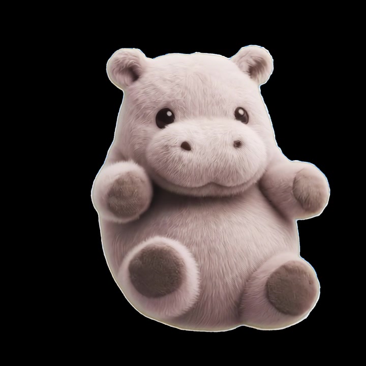 Sød animeret fluffy flodhestekarakter, der svæver mod en sort baggrund