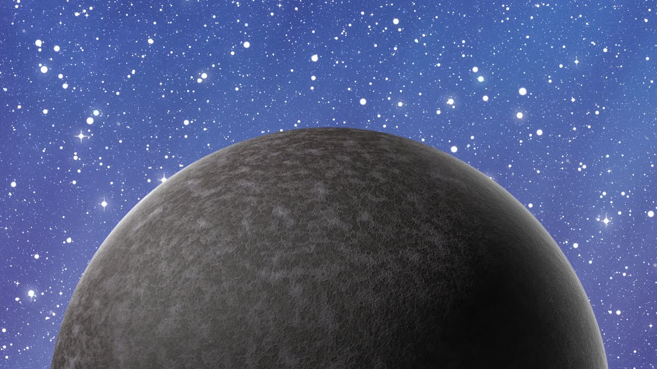 rotating gray planet with craters on the background of cosmic stars