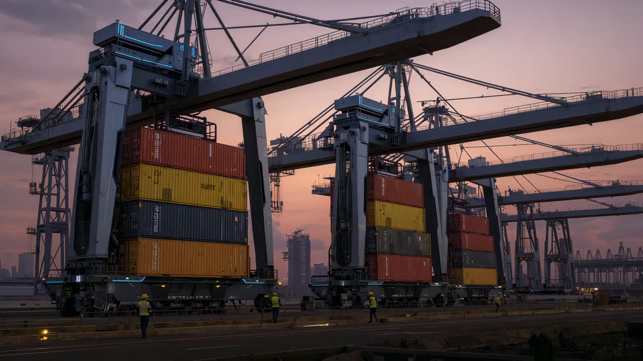 Walking dock workers in vests and helmets inspecting quay at dusk, guiding cranes for loading
