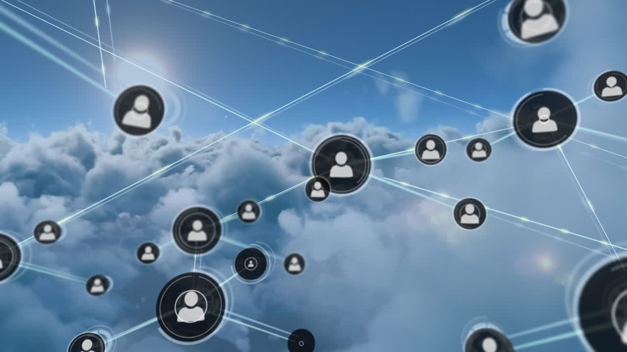 Animation of network of profile icons over clouds in the blue sky