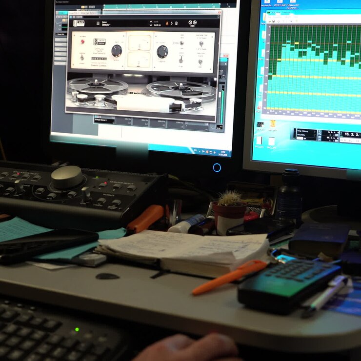 Sound engineer working at mixing panel in boutique recording studio. Close-up