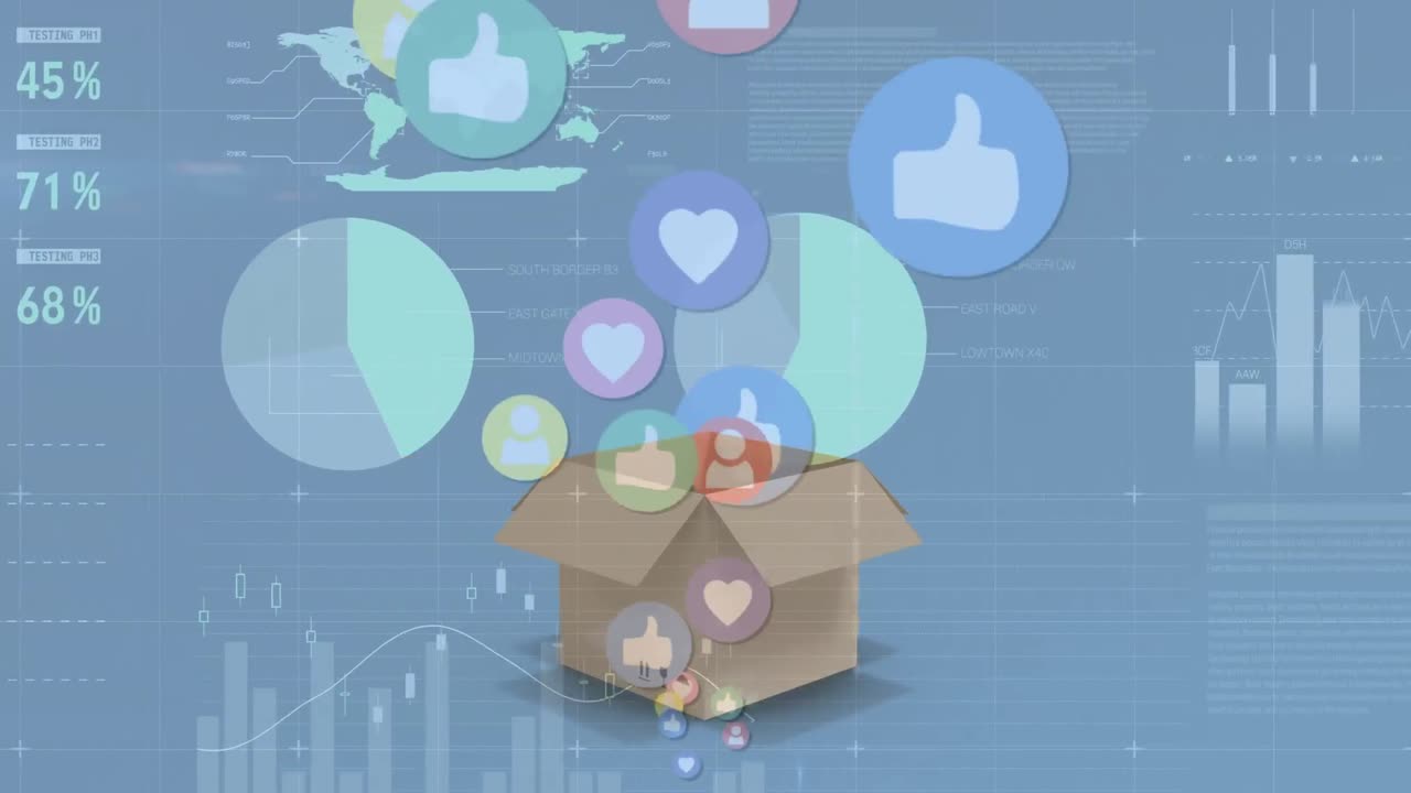 아이콘의 애니메이션과 금융 데이터 처리가 상자 위에