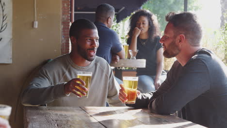 two male friends meeting outdoors in sports bar enjoying drink before game