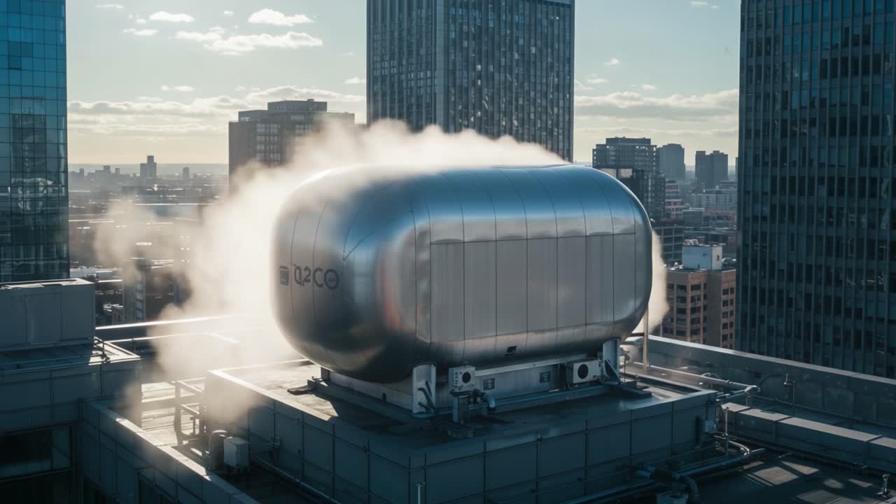 Steam Emanating from a Modern Rooftop Structure in an Urban Setting, Showcasing Advanced Technology Amidst City Skyscrapers and Blue Sky