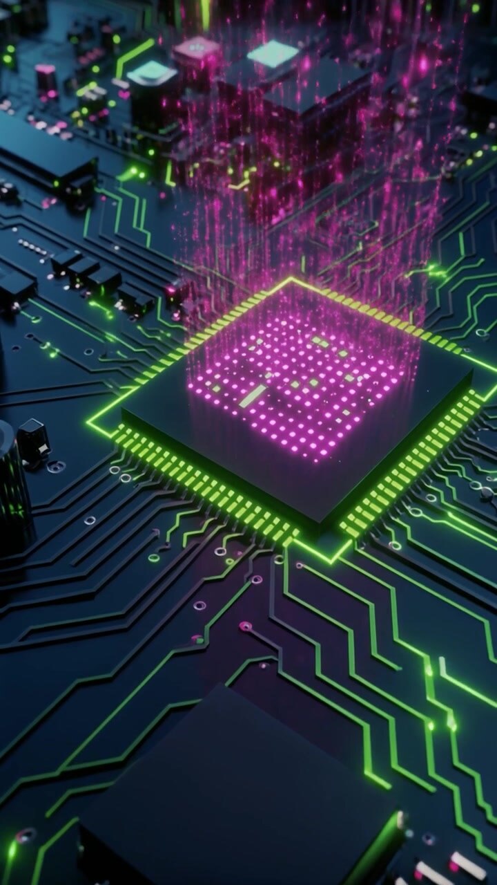 Chip processore digitale che emette flussi di dati olografici su circuito stampato