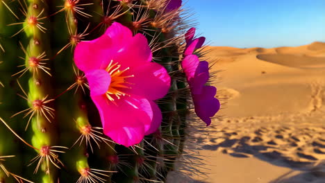 vibrant pink cactus flowers in a desert landscape