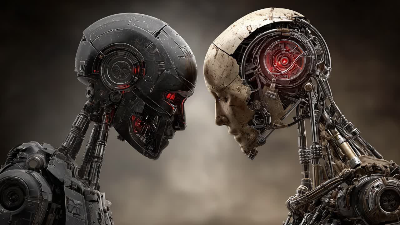 The Intense Confrontation Between Two Futuristic Robots: A Striking Display of Emotion and Technology Captured in Contrast and Detail