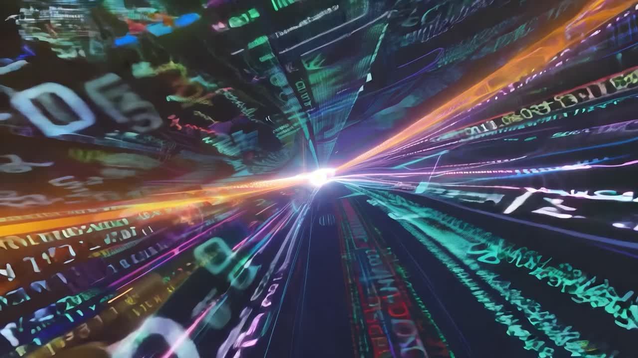 Light streaks illuminate lines of code as data streams rapidly through cyberspace, creating a dynamic digital landscape