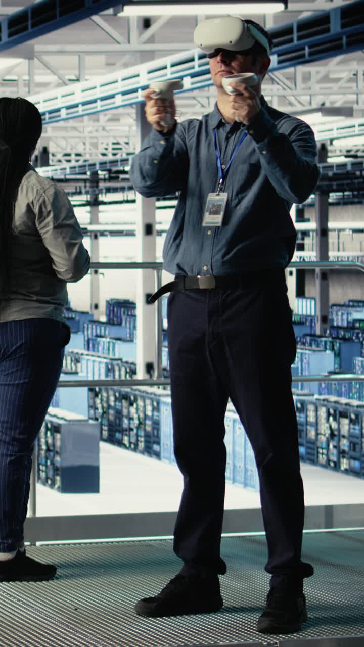 Vertical Video Programmer In Server Room Wearing Vr Headset Optimizing ...