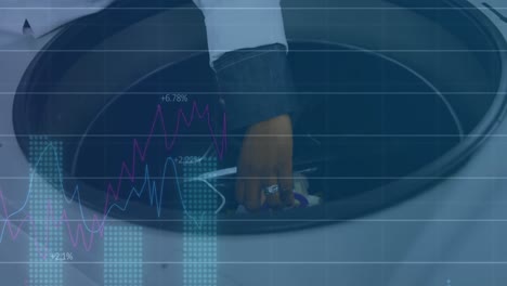 Animation-of-digital-nterface-and-statistics-with-hand-of-scientist-using-equipment-in-lab