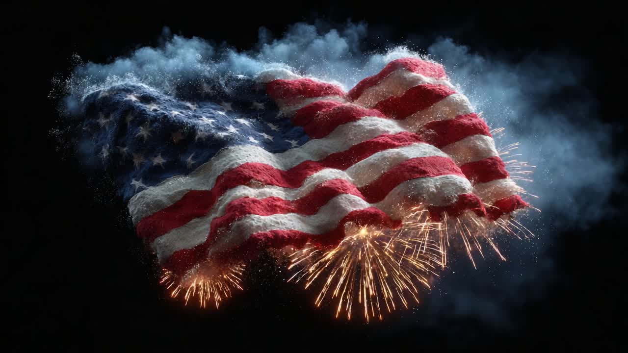 A Stunning Display of Patriotism: An American Flag Surrounded by Explosive Fireworks, Merging Tradition and Celebration in a Spectacular Nighttime Scene