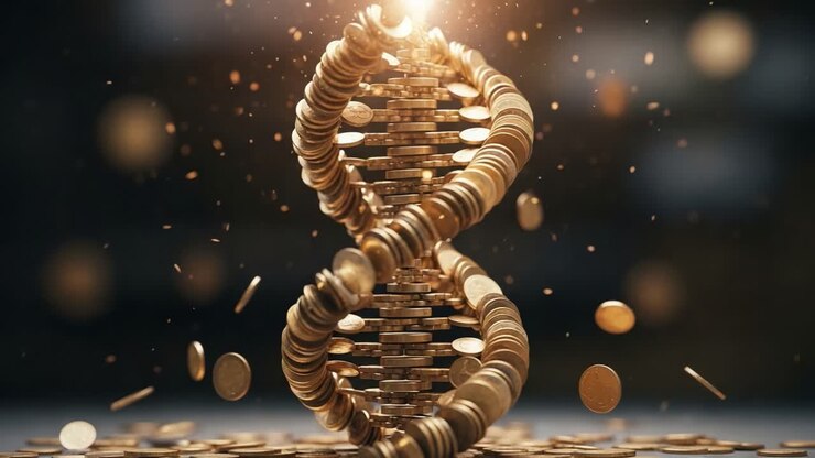 Un’immagine accattivante di un'elica costruita con monete scintillanti che emanano luce, combinando elementi finanziari con un tocco scientifico in un'esposizione artistica