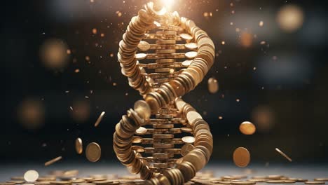 a captivating visual of a helix constructed from shimmering coins that emanates radiance, combining financial elements with a scientific twist in an artistic display