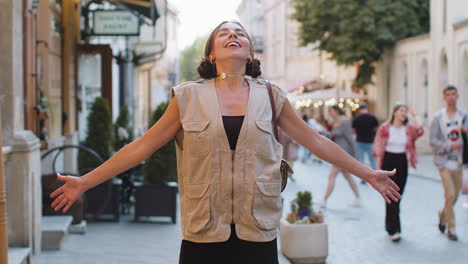 Young woman taking a deep breath of fresh air relaxing taking a break resting meditating outdoor