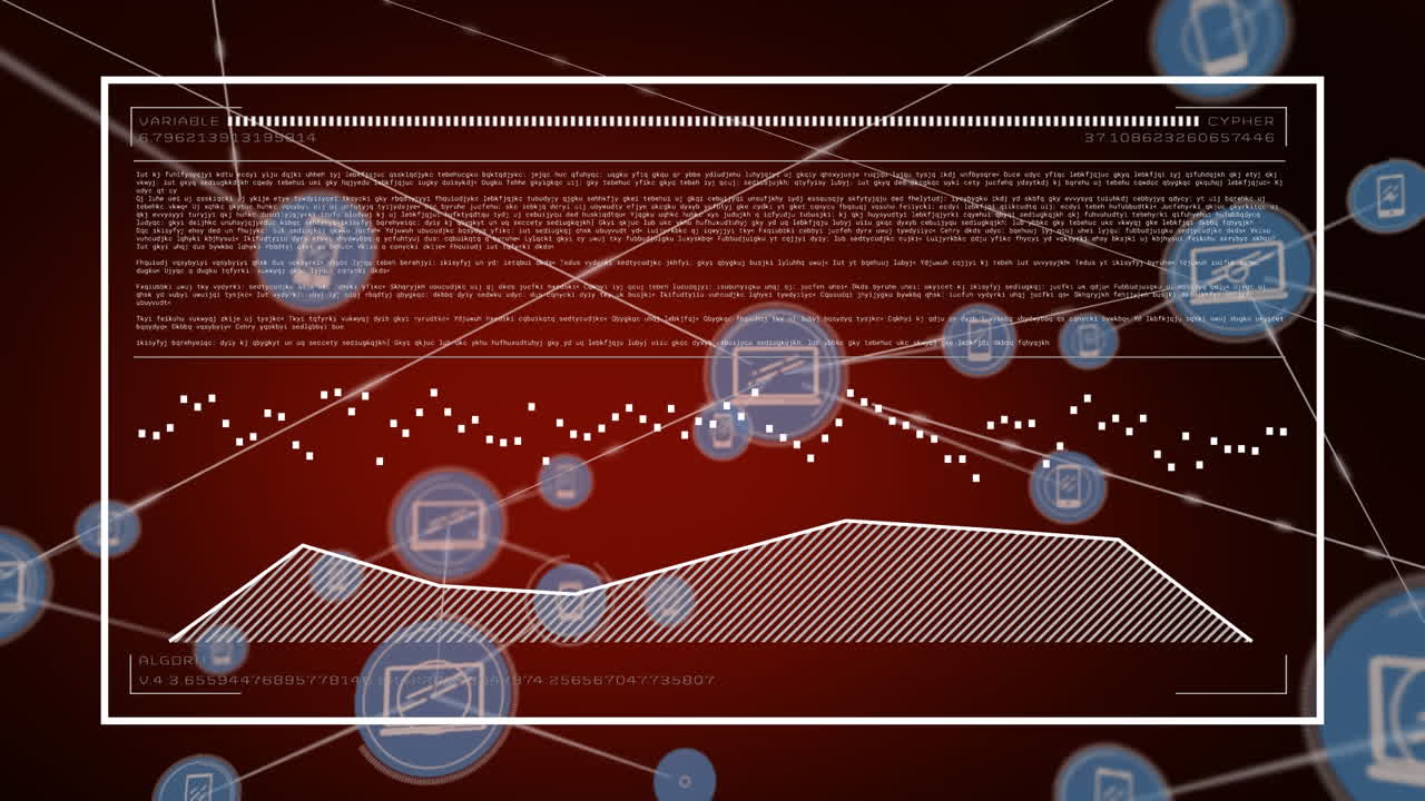 Animation of graphs, data, loading bar in rectangle over connected icons on abstract background