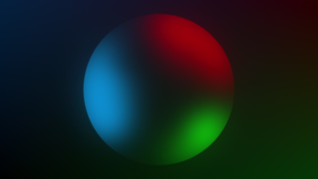A motion graphics animation of a sphere in vivid red, blue, and green colors at the center on a dark background, while its surface continuously shifts and morphs in a continuous loop