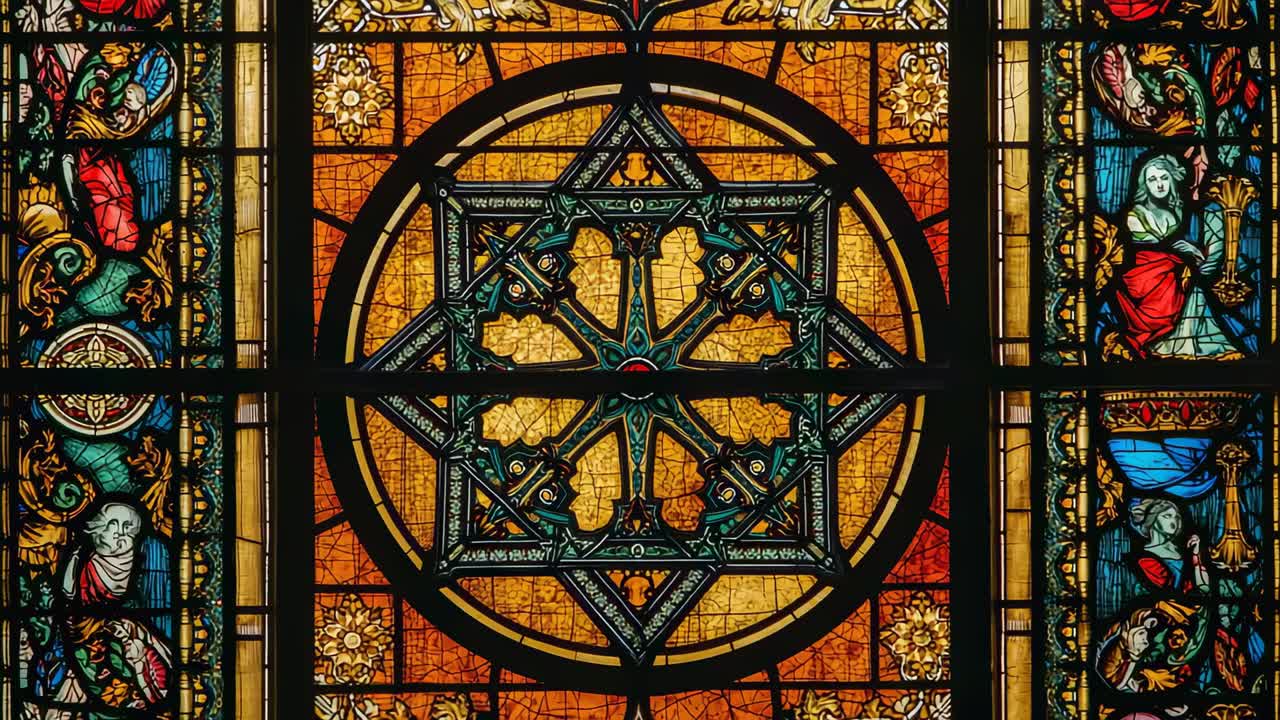 Starting recording camera holding view of stained glass at Gothic cathedral, showing star tracery