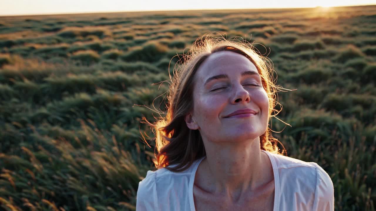 A serene video still of a woman enjoying the sunset in a field