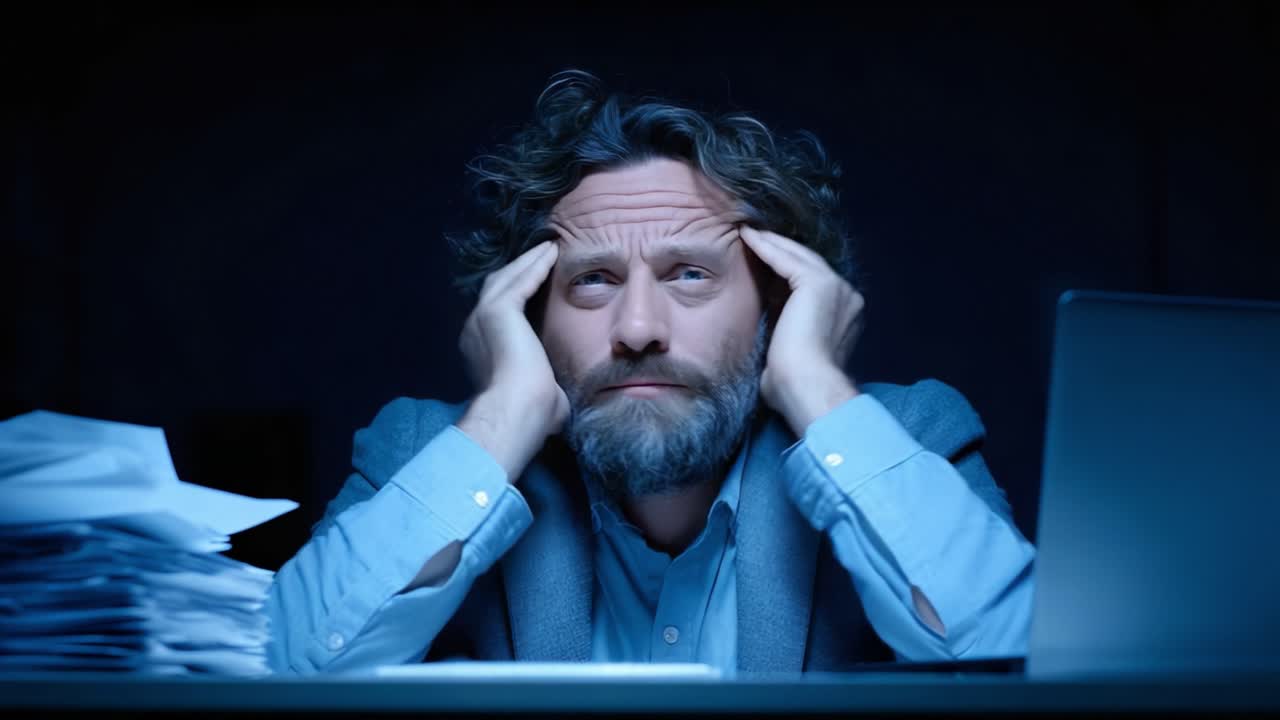 A Frustrated Individual Struggles with Stress and Overwork Late at Night, Surrounded by Piles of Paperwork and an Unlit Computer Screen