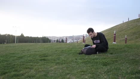 young man workspace in grass