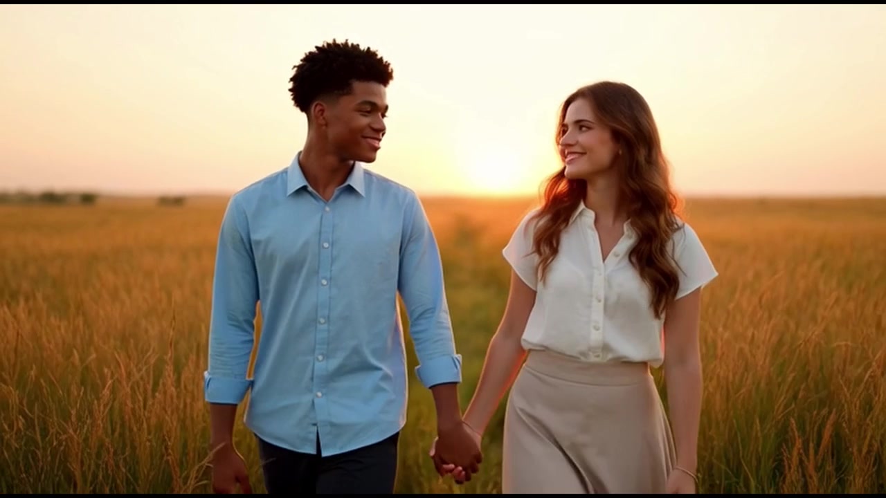 Young Couple Walking Hand in Hand Through a Golden Field at Sunset