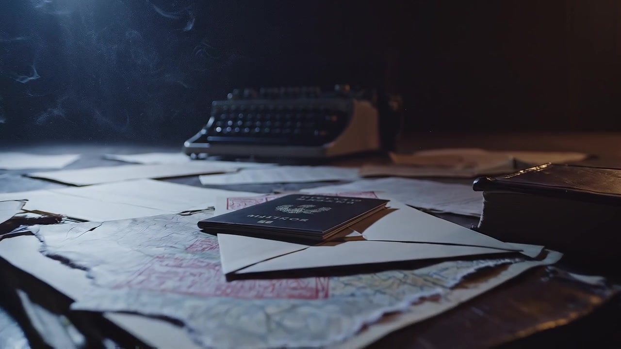 Scrivania da scrittore vintage con carte sparse e illuminazione drammatica