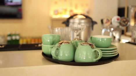 green tea set on a bar counter