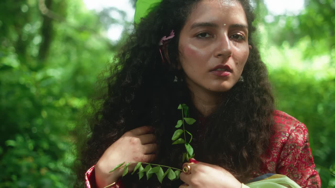 A woman with long curly hair gently turns her head while holding a leafy plant. The camera slowly moves sideways to get closer to her