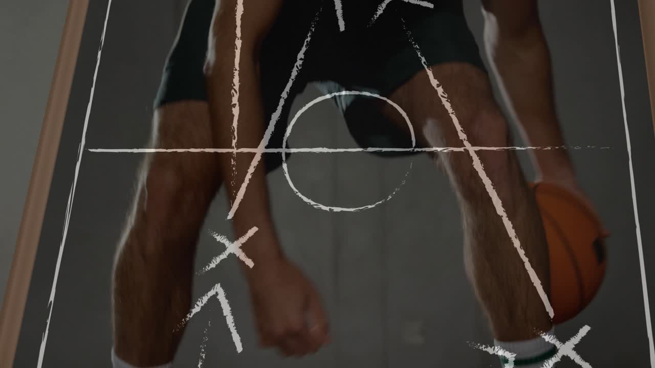 Athlete receiving falling basketball and practicing dribble moves guided by animated chalk diagram