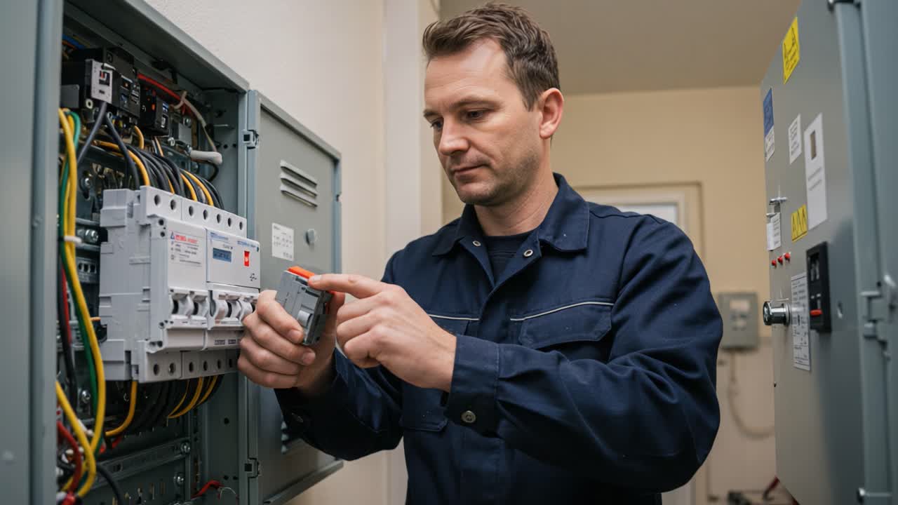 A Skilled Technician Diagnoses Electrical Systems while Working on a Circuit Breaker Panel in a Modern Industrial Setting Focusing on Safety and Efficiency